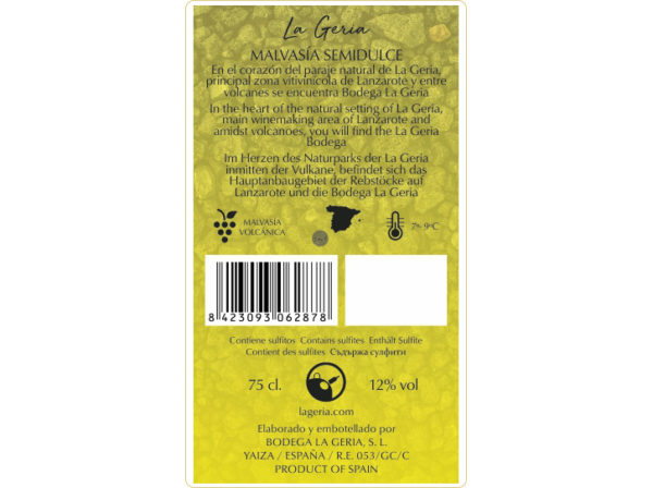 La Geria Malvasía Volcánica Blanco Semidulce 75cl. - Imagen 2